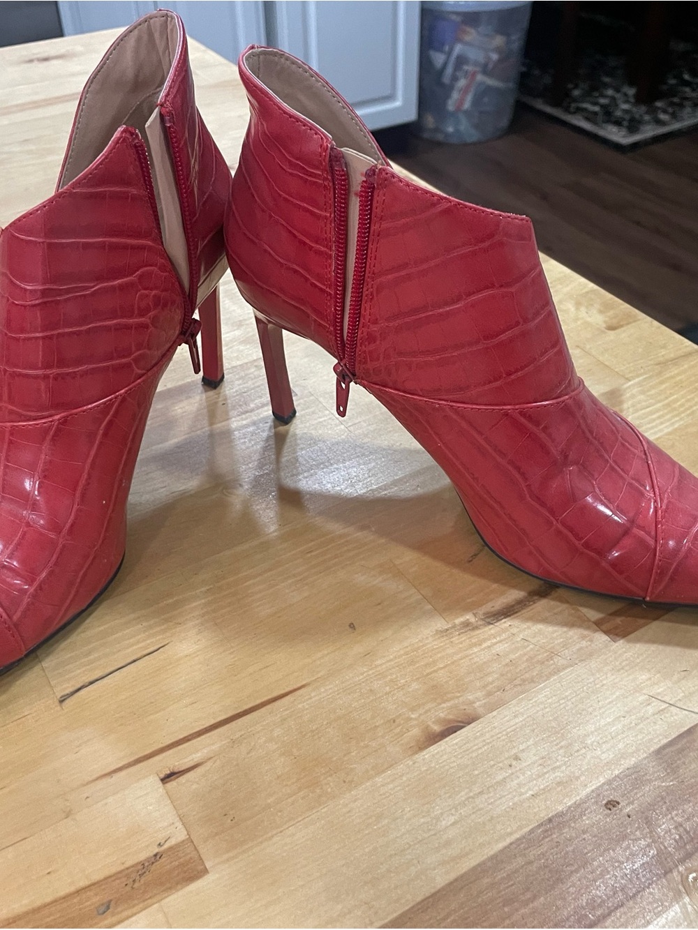 Red Croc-Embossed Pointed Stiletto Booties